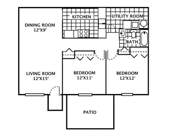 A black and white floor plan of a house with a dining room, kitchen, living room, three bedrooms, a bath, a utility room, and a patio.