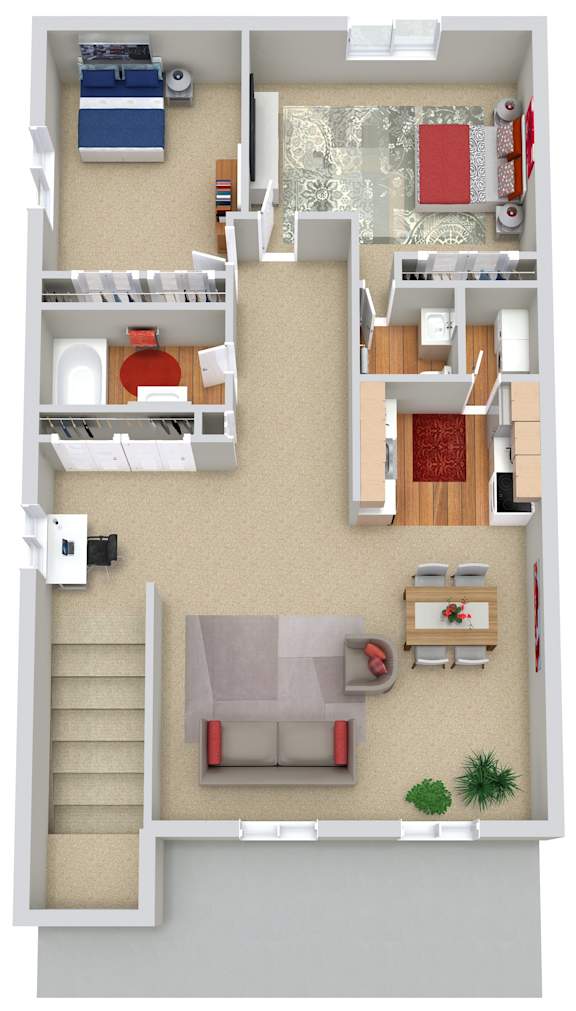 A 3D floor plan of a small apartment with a living room, kitchen, and bedrooms.