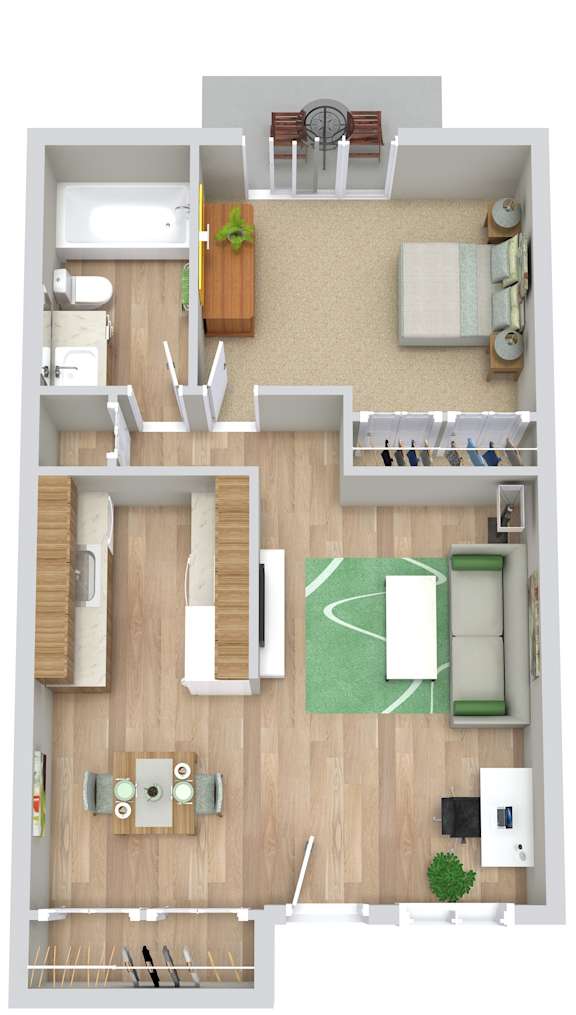 A top-down view of a small apartment with a kitchen, living room, and bathroom.