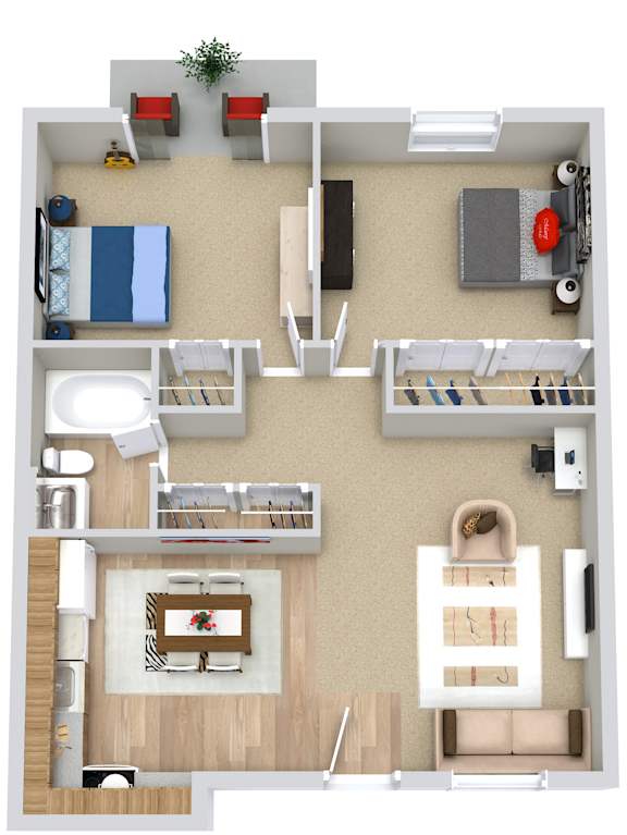 A floor plan of a small apartment with a kitchen, living room, and bedrooms.