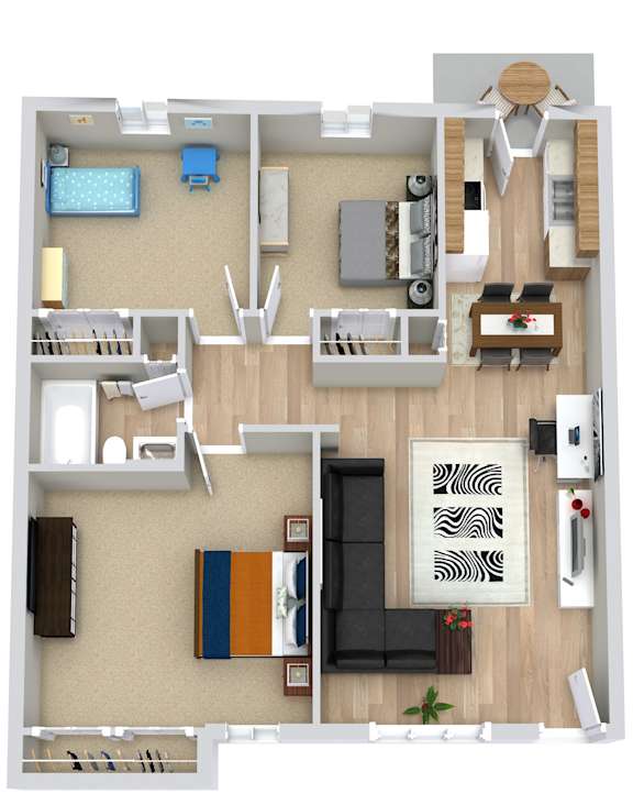 A top-down view of a living room with a couch, a chair, a television, and a rug.