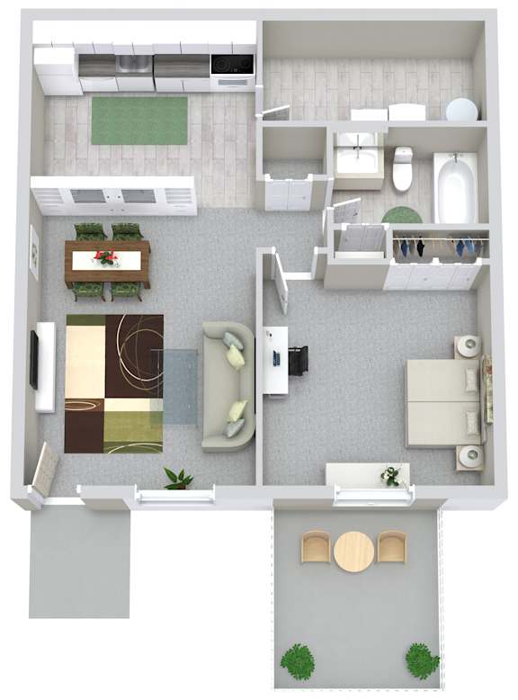 A floor plan of a small apartment with a kitchen, living room, and bathroom.