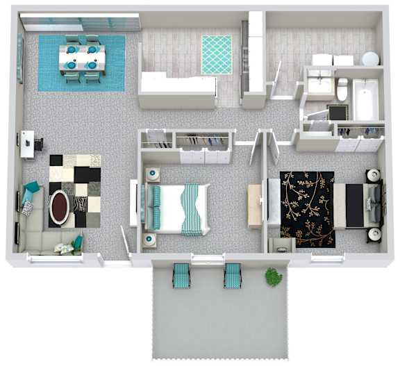 A floor plan of a house with a swimming pool.