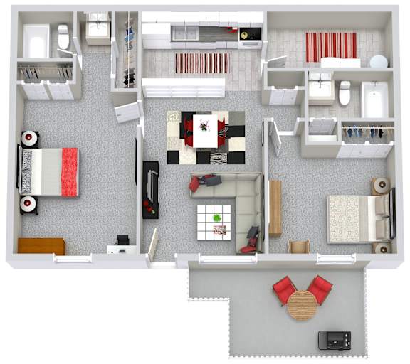 A top-down view of a house layout with a living room, kitchen, and two bedrooms.
