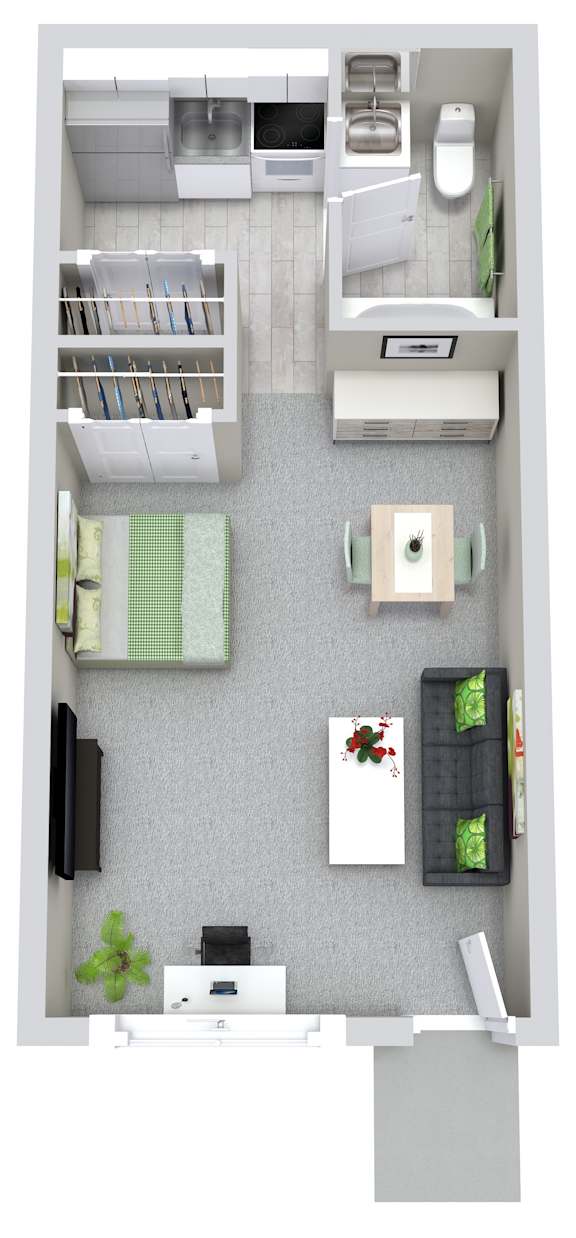 A top-down view of a small apartment with a kitchen, living room, and bathroom.