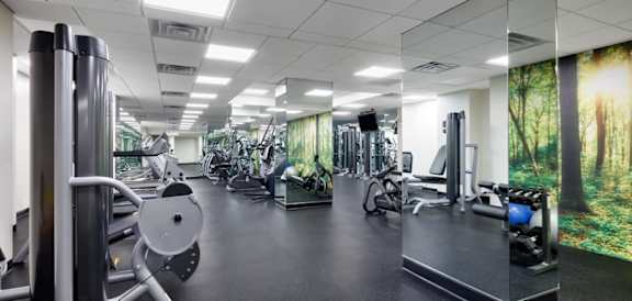 A gym with a variety of equipment including treadmills, weights, and exercise machines at The Ellington Apartments, New York