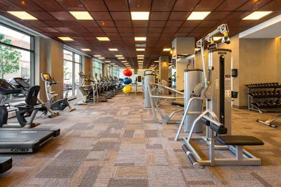 A gym with a variety of equipment including treadmills, weight machines, and free weights. at The Maximilian Apartments, Long Island City, New York