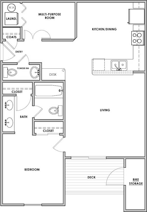 A floor plan of a small apartment with a kitchen, living room, and bedroom.