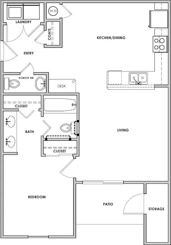 A floor plan of a house with a laundry area, kitchen, dining area, living room, and bedrooms.