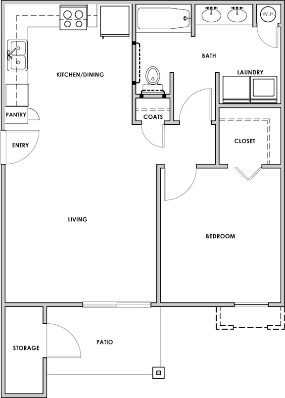 A floor plan of a house with a living room, dining room, kitchen, pantry, bath, laundry, bedroom, and storage.