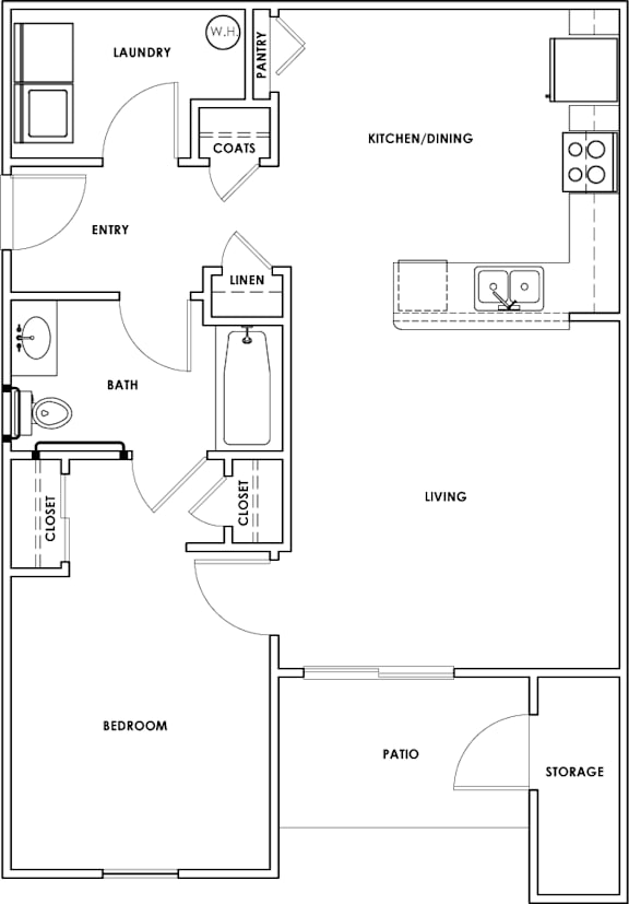 A floor plan of a house with a laundry room, kitchen/dining area, bathroom, bedroom, and storage.