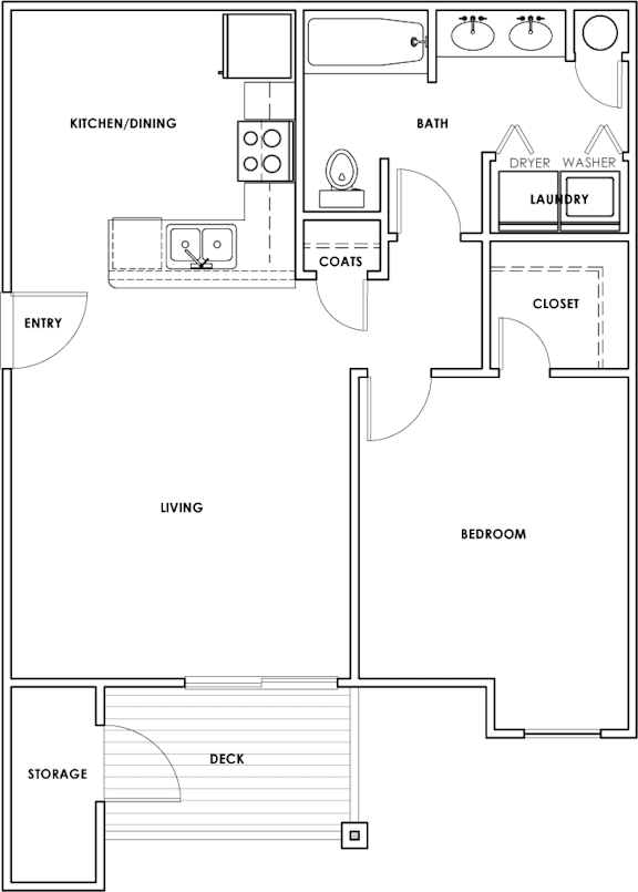 A floor plan of a house with a kitchen, living room, bedroom, and storage.