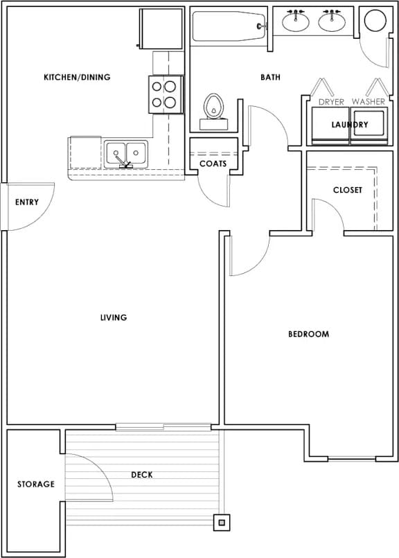 A floor plan of a house with a kitchen, living room, bedroom, and storage.
