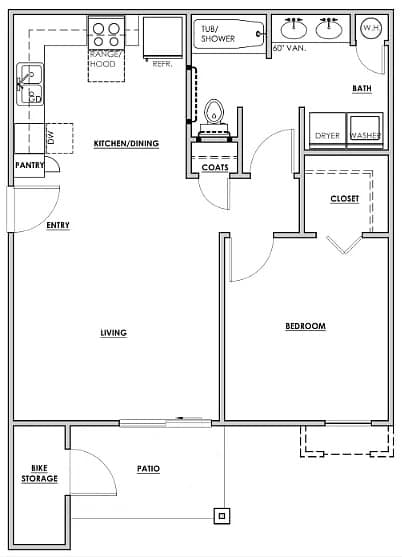 A black and white floor plan of a house with a living room, kitchen, dining room, bedroom, bathroom, and a patio.