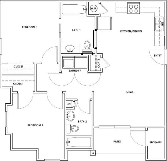 A black and white floor plan of a two bedroom apartment.