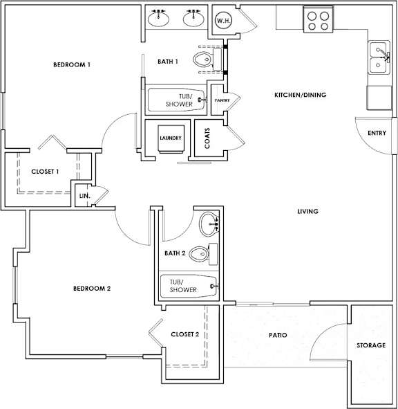 A floor plan of a two bedroom apartment with a living room, kitchen, and bathrooms.