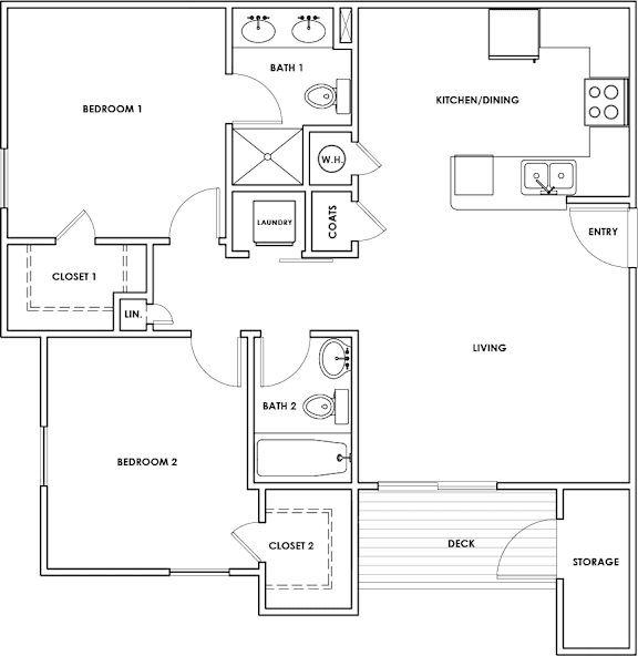 A floor plan of a small apartment with two bedrooms, a kitchen, a laundry room, and storage.