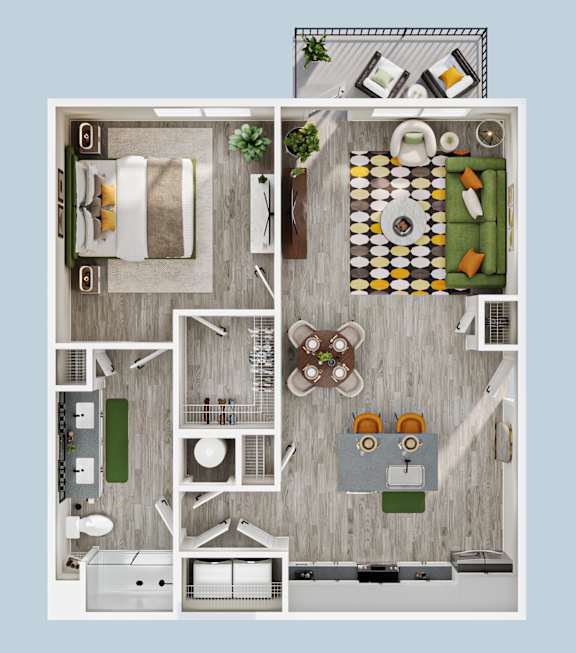 A top-down view of a small apartment with a kitchen, living room, and bathroom.
