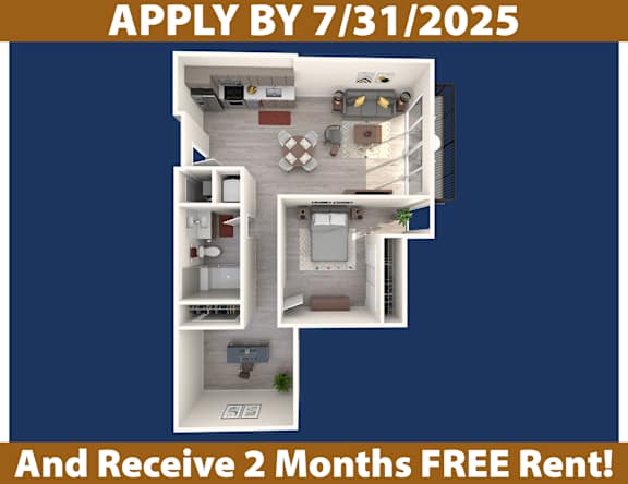Apartment interior with a deadline to apply by July 31, 2025, and an offer of two months free rent.