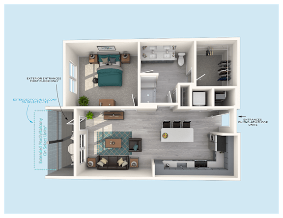 A 3D floor plan of a small apartment with a kitchen, living room, and bedroom.