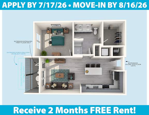 Apartment layout with a free 2 months rent offer.