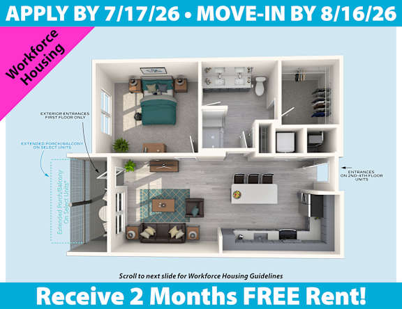 A slide advertising a two-month free rent for workforce housing, with a deadline to apply by July 17 and a move-in date by August 16.