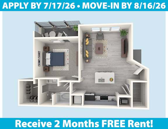 A 3D floor plan of an apartment with a kitchen, living room, and bathroom.
