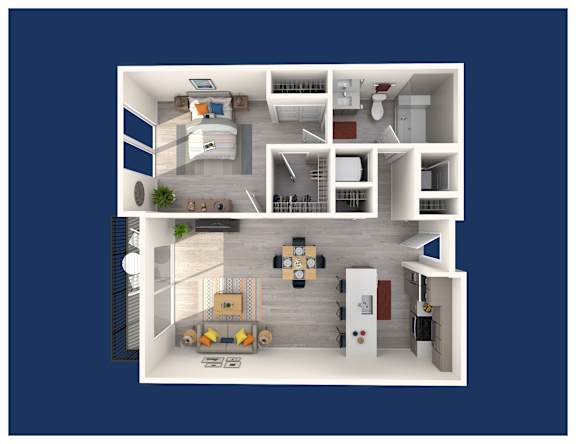 A 3D floor plan of a house showing a kitchen, living room, and bedrooms.