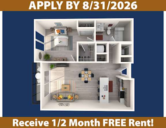 A poster advertising a free rent offer for a 1/2 month stay, with a deadline of 8/31/2026, and a detailed 3D floor plan of the apartment.