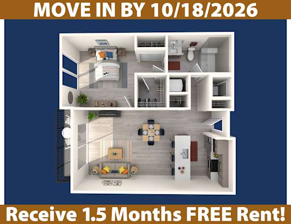 A promotional image for a move-in by October 18, 2026, offering a free 1.5 months rent.