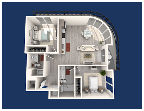 A top-down view of a house layout with a living room, kitchen, and bathroom.