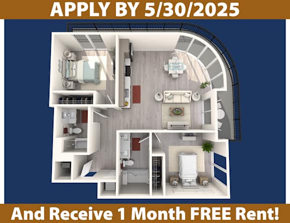 A poster advertising an apartment with a deadline of May 30, 2025 and a free one month rent offer.