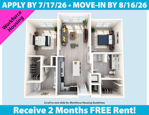 A flyer advertising Workforce Housing with an image of a floor plan and a promotion for 2 months free rent.