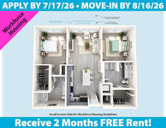 A flyer advertising Workforce Housing with an image of a small apartment and a promotion for 2 months free rent.