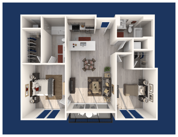 a 3d floor plan of a 2100 sq ft apartment