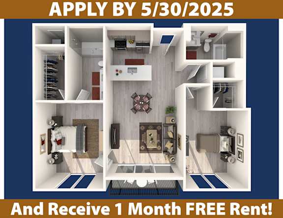 A poster advertising an apartment with a deadline of May 30, 2025 and a free one month rent offer.