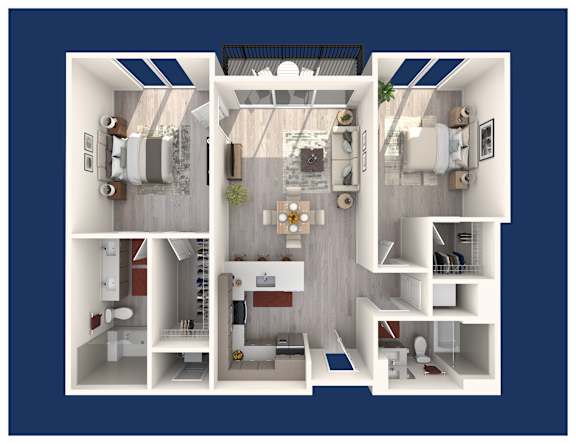 A 3D floor plan of a house with a kitchen, living room, and bedrooms.