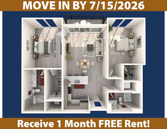 A poster advertising a free one month rent for a move in by 7/15/2026.
