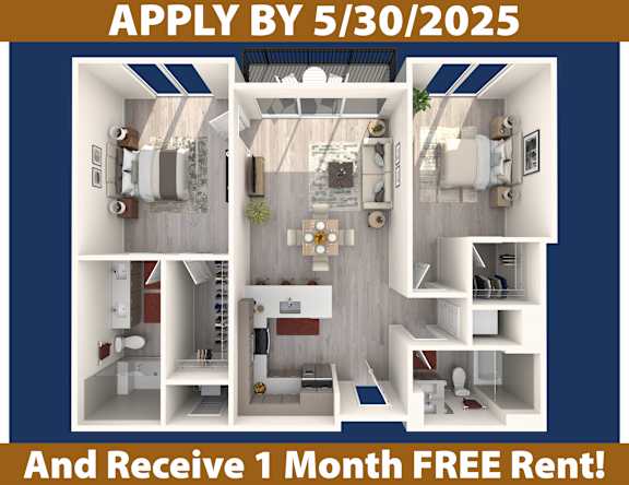 A poster advertising an apartment with a deadline of May 30, 2025 and a free one month rent offer.
