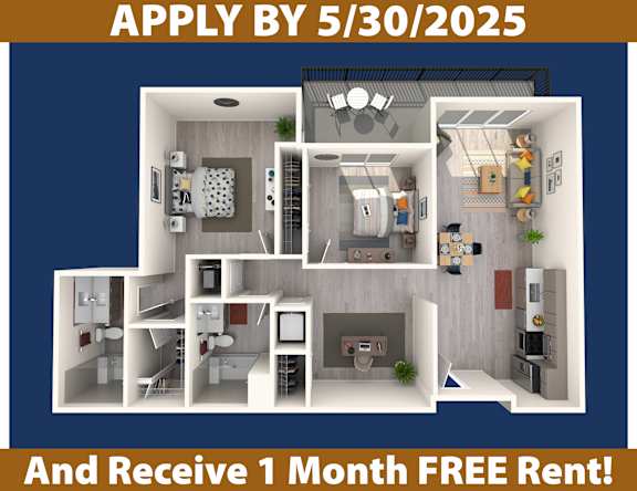 A promotional image for an apartment offering a free one-month rent if applied by a specific date.