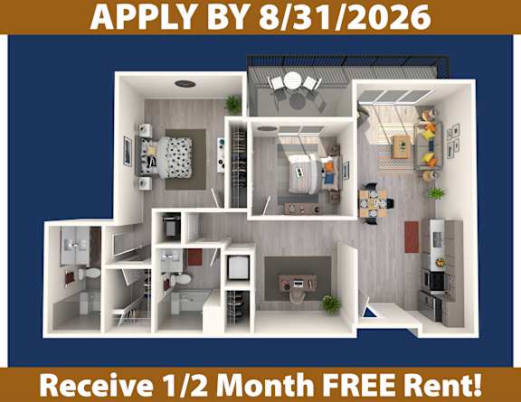 Apartment interior with a call to apply by a specific date and a promotion for a free rental period.