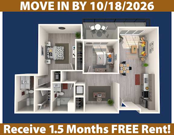 A promotional image for a move-in by October 18, 2026, offering a free 1.5 months rent.