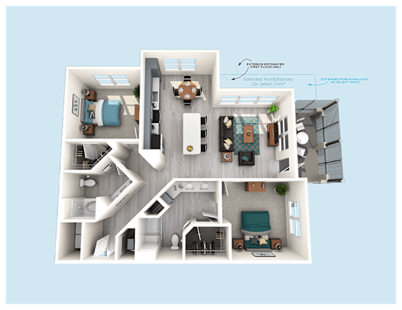 A 3D floor plan of a house with labeled rooms.