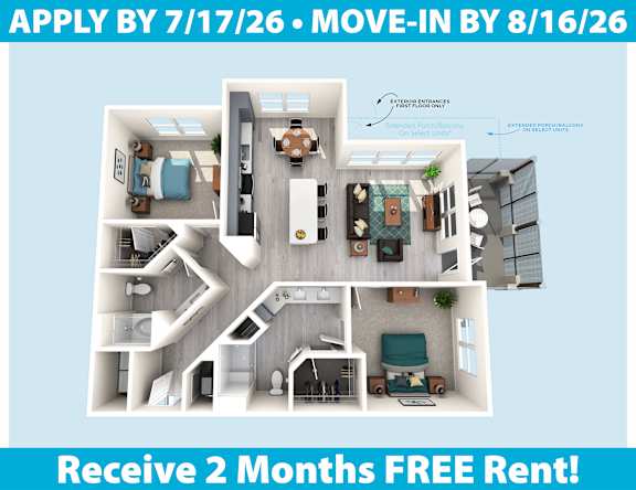Apartment layout with a 2 months free rent offer.