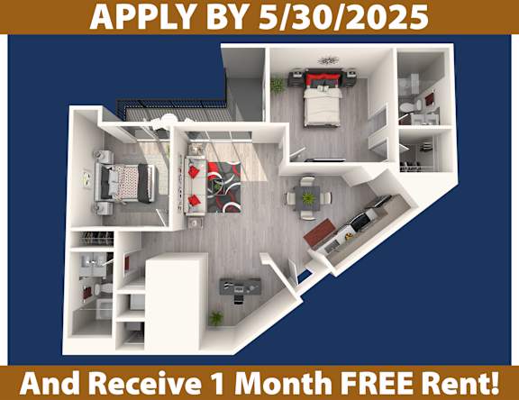 Apartment layout with a deadline to apply by May 30, 2025, and a promotion for a free one-month rent.