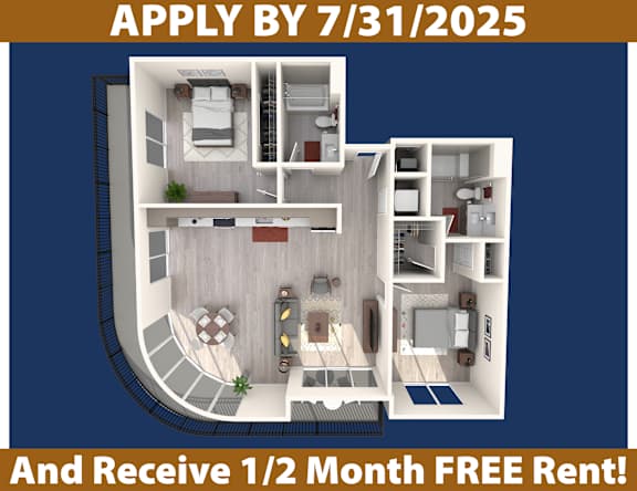Apartment layout with a promotion for a free rental offer.