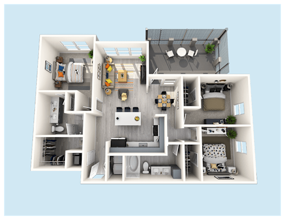 A 3D floor plan of a house with a kitchen, living room, and bedrooms.