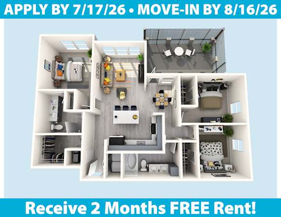 Apartment layout with a 2 months free rent offer.