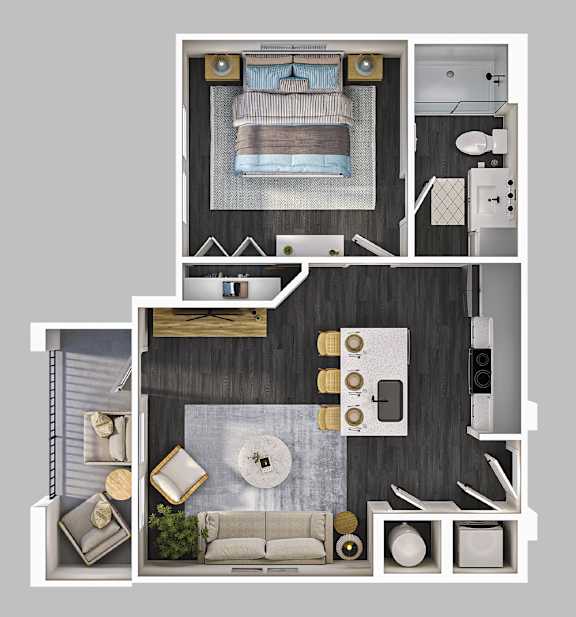 A modern, minimalist interior design layout with a focus on a central living area.