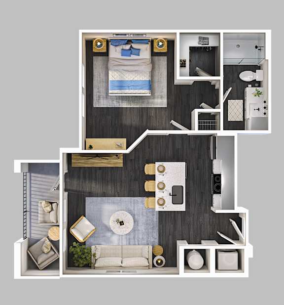 A floor plan of a modern apartment with a living room, kitchen, and bedroom.